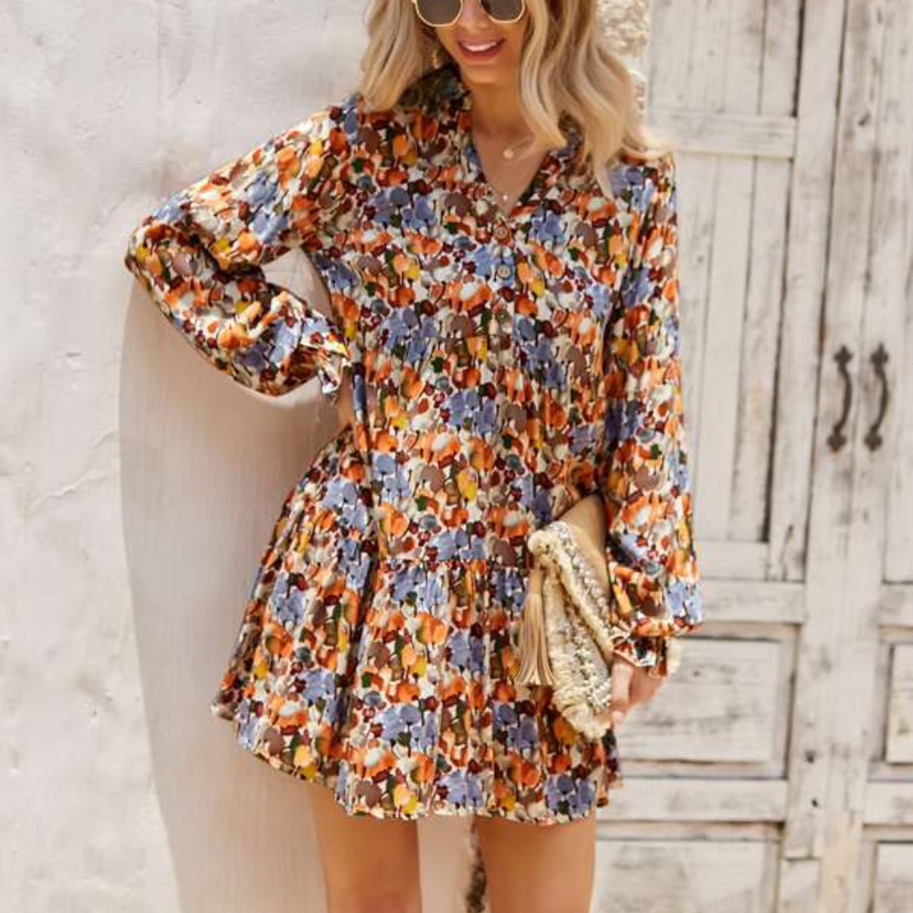 Boho Blue Orange Floral Print Ruffle Mini Dress - Picture 2 of 6